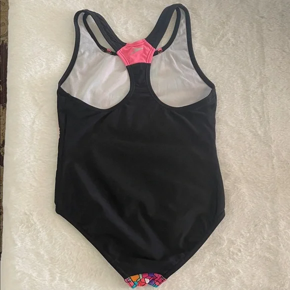 Speedo Black One-Piece Swimsuit with Geometric Design SZ 12 - Picture 2 of 4